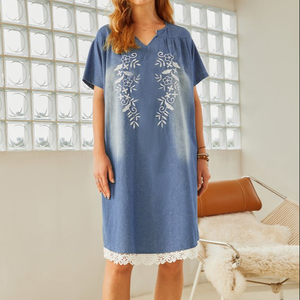 Mujeres Trending Cloths Túnica de mezclilla Elegante manga corta Cuello redondo Vintage Bordado frontal Vestido tejido de encaje - Product Image 1