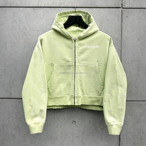 Custom High Quality Wholesale Hoodie Blank Vintage Old French Wool Pickling <b>Zipper</b> Heavyweight 500gsm Hoodie - Product Image 3