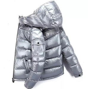 Men's <b>Silver</b> Metallic Eco-Friendly Breathable Canvas Varsity Quilted <b>Puffer</b> <b>Jacket</b> Winter Warm Zipper Coat - Product Image 2