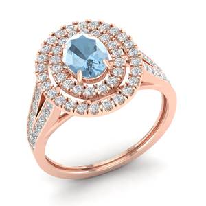 Anillo de Piedra Preciosa de Aguamarina de Corte Ovalado de 0.75 Quilates con Nuevo Diseño REYES, Anillo de Compromiso de Oro Rosa Sólido de 14K con Halo de Diamantes para Mujer - Product Image 2