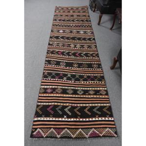 3x10.9 ft Rug, Vintage Turkish Rug, Black <b>Brown</b> Patchwork <b>Wool</b> Rug - Product Image 1