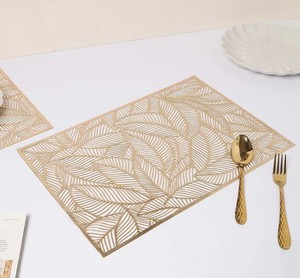 Gold Grey Metal Rectangular <b>Placemats</b> with Leaf Pattern Cutwork Decorative <b>Dining</b> <b>Table</b> Centerpiece for Hotel & Restaurant Use - Product Image 4