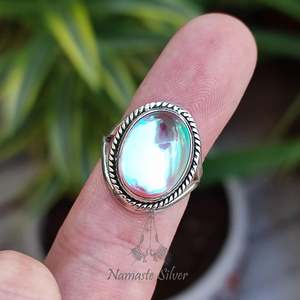 925 Sterling Silver Aurora <b>Quartz</b> <b>Ring</b> Handmade Cut Crystal <b>Ring</b> with Oval Shape Inspired Mercury Aurora Borealis Promise <b>Ring</b> - Product Image 5