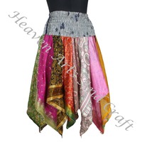 Falda Midi DS024 con Estampado de Pescado, Estilo Gitano Tribal, Patchwork, Hecha a Mano con Seda de Sari Reciclada, Estilo Casual, Larga, para Festivales de Verano