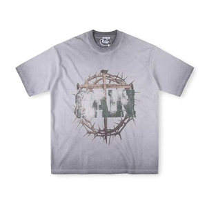 Camiseta de Manga Corta Casual con Estampado Artístico de Espinas, Lavada, de Alta Calidad, al por Mayor - Product Image 1