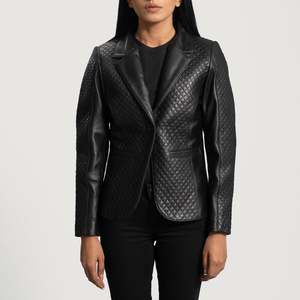 Cora <b>Quilted</b> Black Leather Blazer Business Suits Style <b>Single</b> Button Closure Knitted Woolen Fabric Solid Pattern Long Button - Product Image 1