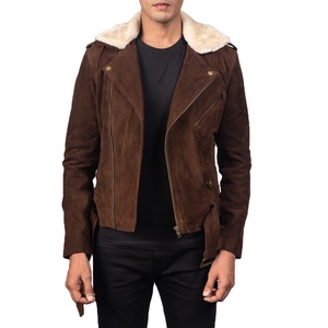 Chaqueta de cuero de gamuza para hombre, estilo motero, con cuello alto, logo frontal, forro de piel extraíble, para carreras, estilo café, moda motociclista, casual, de invierno - Product Image 1
