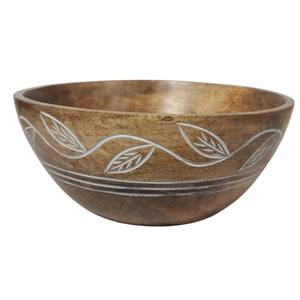 Bol de service artisanal en bois de manguier de qualité supérieure avec finition blanchie, design unique de feuille sculptée à la main, bol à salade décoratif - Product Image 3