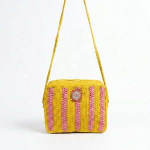 กระเป๋าถักโครเชต์ Anà raffia ลายทางสีเหลืองชมพู ปิดด้วยซิป สไตล์โบฮีเมียนสำหรับฤดูร้อน - Product Image 1