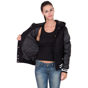 Veste universitaire à capuche pour femme, noire, manches en similicuir, mélange de laine, coupe-vent, manteau d'automne avec rayures contrastées, coupe classique - Product Image 4