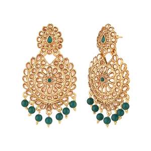 Indian Tikka Jewelry Crystal Faux Pearl Maang Tikka Pendientes Conjunto de joyería India para mujer, Verde - Product Image 6