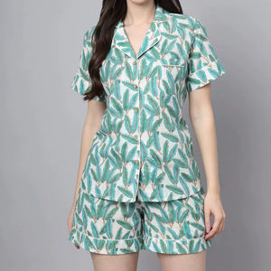 Conjunto de Pijama Étnico de Invierno, Informal, de Algodón, con Estampado Floral, Manga Corta, Cuello en V, Transpirable, Suave, de Secado Rápido, con Botones y Pantalones, ODM - Product Image 1