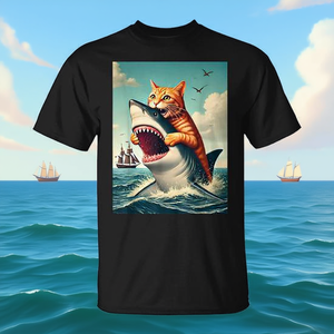 Camiseta Divertida de Gato Naranja Mordiendo a un Tiburón para Promociones - Product Image 3