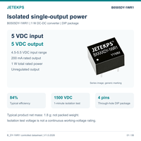 Convertisseur DC-DC isolé non régulé B0505DY-1WR1, montage sur carte, boîtier DIP, sortie unique 5V 200mA 1W, isolation 1500V, efficacité 84%