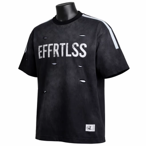 T-shirt Homme Oversize Noir en Jersey de Coton Teint Fil à Fil, Manches Courtes, Col Rond, Style Urbain, Respirant et Confortable - Product Image 2