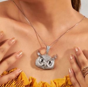 Moissanite Full Diamond Iced Out Pendentif Hibou Collier Chouette en Argent Sterling Médaillon Bijoux Gothiques Cadeau Lui Ses Yeux Noirs - Product Image 4