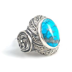 925 Sterling <b>Silver</b> Men's <b>Statement</b> <b>Ring</b> with Oval Turquoise Topaz Stone Bezel Setting for Everyday Wear - Product Image 2