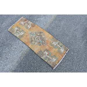 Alfombra de Lana Vintage Naranja Marrón 1.4x3.6 pies, Clásica Turca, Rectangular Grande para Pasillo, Patchwork, Ecológica, Pelo Medio - Product Image 2