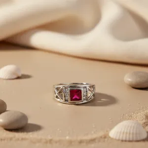 Bague Statement Art Déco en Argent 925 avec Rubis, Sertissage Carré, Design Géométrique, Bijou Unisexe pour Fiançailles - Product Image 3