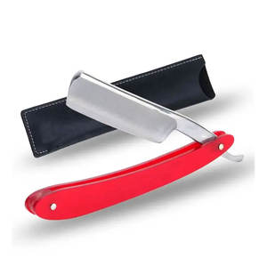 Maquinilla de afeitar recta de peluquero de acero inoxidable sólido con logotipo personalizado recubierto rojo con hoja expuesta - Product Image 3