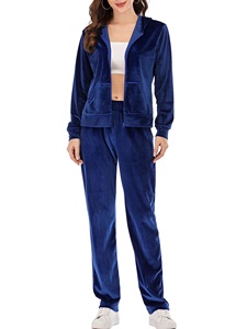 Conjunto Deportivo de Mujer, Sudadera Corta con Capucha de Color Sólido, Pantalones Largos Holgados, Estilo Casual de Otoño, 100% Poliéster Velour - Product Image 6