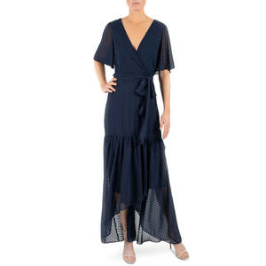Abito lungo in chiffon Donna Ricco da donna, blu navy, taglia 14, con orlo asimmetrico, silhouette a trapezio, vita naturale e cintura annodabile - Product Image 1