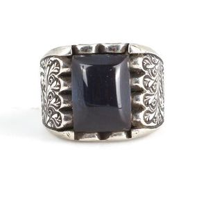 925 Sterling Silver Hand-Engraved Rectangular Men's <b>Ring</b> Geometric Pattern Pressed Amber Stone Rhodium Plated for Everyday Wear - Product Image 4