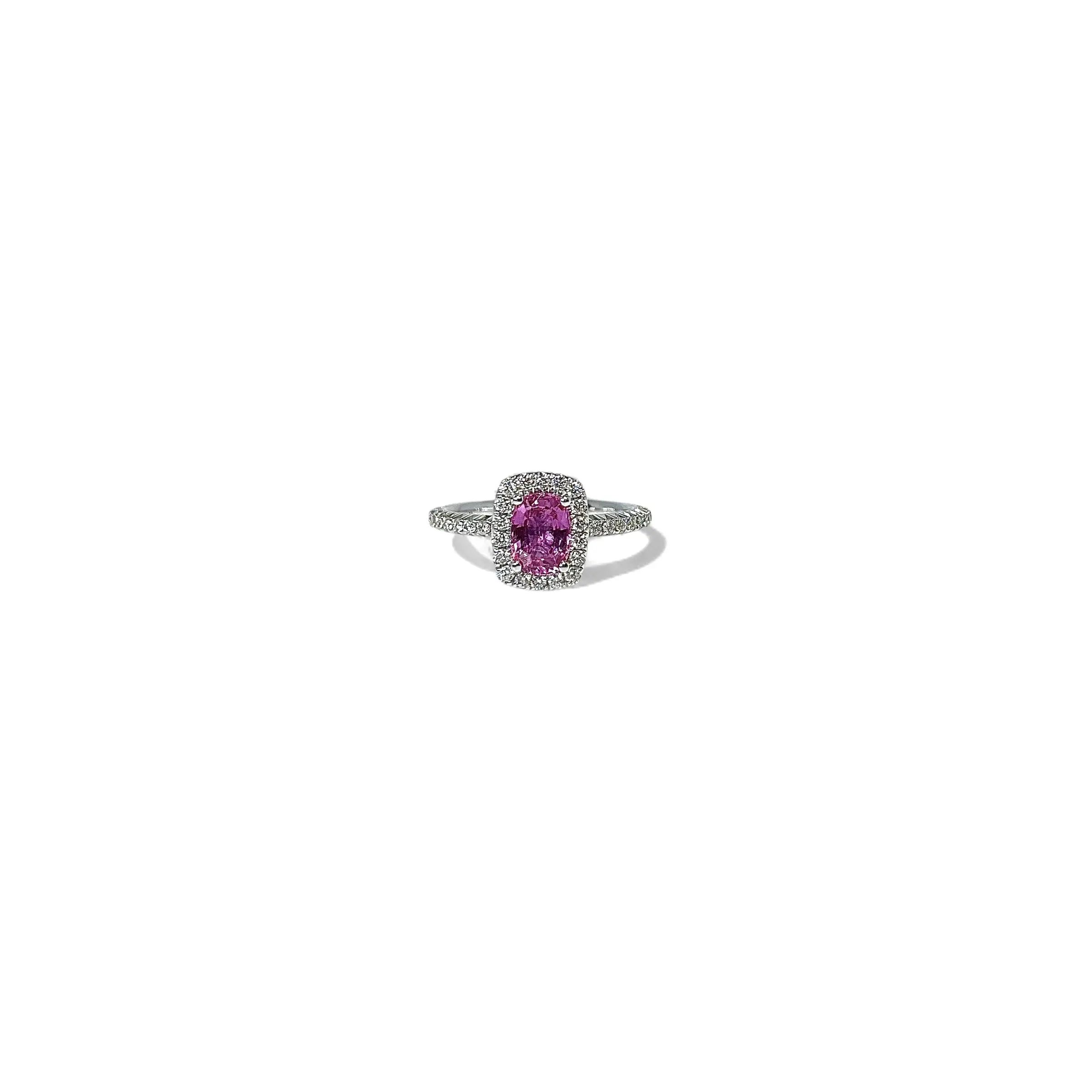 RING-3.08GM berlian emas putih 18K, 1 SAPPHIRE-1.14CT merah muda, 60 DIAMOND-0.59CT