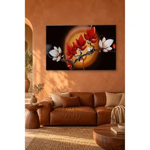 Impression sur toile de magnolias rouges et blancs de Fida devant une lune orange - Product Image 5