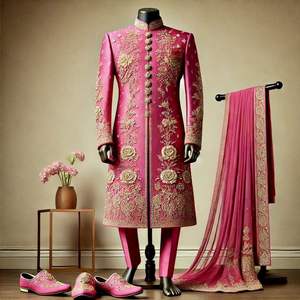 2025 @ Pink Sherwani, pantalon et étole avec robe de chaussures assortie avec perles de verre cristal ornées de perles Dabka, travail 3D pour mariage - Product Image 1