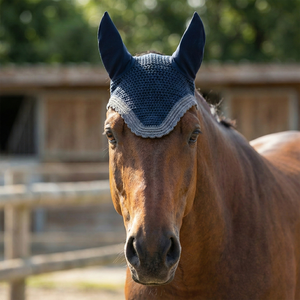 Blue Crochet Horse Fly <b>Veil</b> with <b>Black</b> Ear Covers Grey Trim Handmade Equestrian Bonnet for Riding Training Shows Competition - Product Image 2
