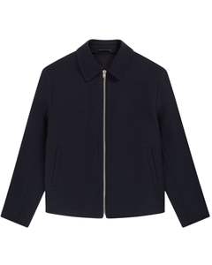 Veste classique en laine bleu marine à fermeture éclair avec col pointu et design minimaliste pour homme, vêtement d'extérieur décontracté d'hiver en bleu foncé - Product Image 1