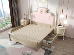 French Style <b>Poster</b> Bed Queen Size Soft Upholstered Headboard Solid Wood <b>Frame</b> Pink and Beige Design - Product Image 5