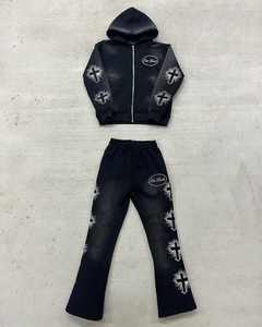 Conjunto Deportivo Unisex con Bordado Desgastado y Pedrería, Ropa Urbana Personalizada, Pantalones Deportivos Holgados con Lavado Ácido y Sudadera con Capucha - Product Image 3