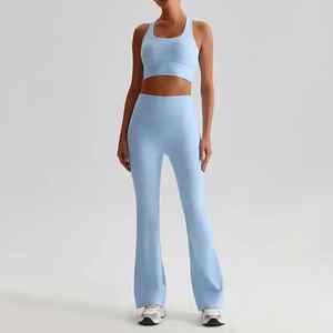 OEM Custom Solid Pattern Women's Active Wear Gym Fitness Yoga Set Plus Size <b>Sports</b> <b>Bra</b> Flare Pants Elastic Waist Closure - Product Image 2