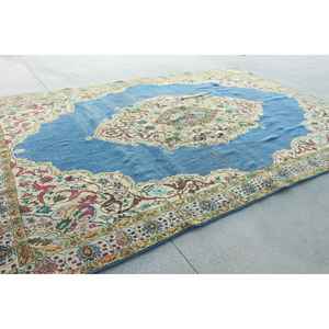 Alfombra Turca de 9.1x12.9 pies, Alfombra Azul Abstracta de Lana - Product Image 3