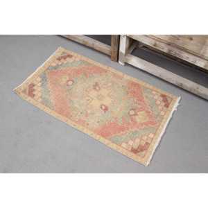 Turkish Vintage <b>Runner</b> Rug 0.1x3 ft, <b>Red</b> Blue Moroccan Wool Rug - Product Image 2