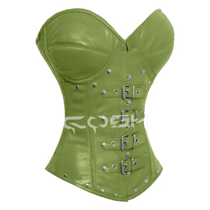 ชุดคอร์เซ็ตรัดหน้าอกหนังสีเขียวระบายอากาศได้ดีพร้อมถ้วยด้านล่างที่มีหัวเข็มขัดด้านหน้าและตกแต่งด้วยหมุด - Product Image 1