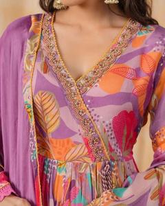 Indian & Pakistani Women's Embroidered Chinon Long <b>Kurtis</b> & Palazzo Suits for Wedding Party Wear Ethnic Fashion New Arrival - Product Image 4