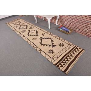 Alfombra Turca Vintage, Alfombra de Pasillo de 2.8x11.3 pies, Alfombra de Lana Marrón con Puntos Blancos - Product Image 2