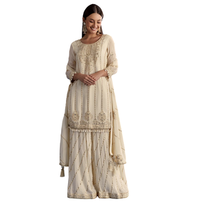 Élégant neutre Chinon Kurta Palazzo ensemble avec Resham et paillettes travail adapté pour les femmes en gros vêtements ethniques personnalisés - Product Image 5