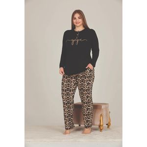 Taglie forti con motivo leopardo a manica lunga Set pigiama nero Pj11326