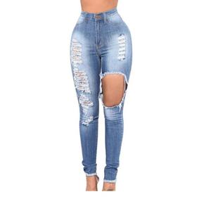 Moda Trendy Street Mujer Nuevo modelo Pantalones Sueltos Algodón Denim Cintura media Botón Bolsillos Pierna ancha Jeans rasgados de BD - Product Image 4