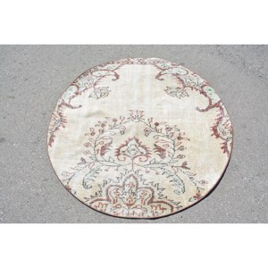 Vintage Turkish Rug Beige Red 3.9 X 3.9ft Large Area Woolen Patchwork Design for Hallway Bedroom Rectangular Shape Latex Backing - Product Image 1