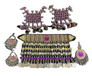 Ensemble de bijoux afghans tribaux violets fait à la main Kuchi Boho collier avec pièces de monnaie coiffes et boucles d'oreilles Pashtun traditionnel - Product Image 1