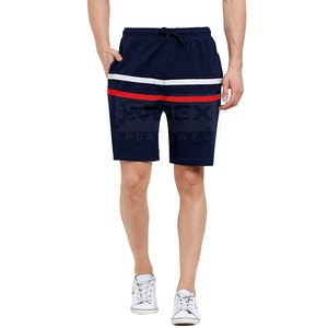 <b>Men's</b> Navy Blue Striped Bermuda <b>Shorts</b> With White And <b>Red</b> Side Stripe Drawstring Waist Casual Sportswear - Product Image 1