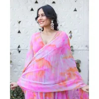 Layla Pembe Tie Dye Saf Şifon 3 Parçalı Takım Elbise XXL Beden Dokuma Örgü Dantel Uzun Tam Tatlı İlkbahar/Yaz Çevre Dostu