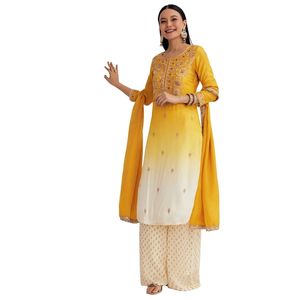 Traje amarillo Ombre Kurta Palazzo con Zardosi y lentejuelas Trabajo Venta al por mayor Mujeres Ropa étnica OEM Fábrica de ropa Proveedor a granel - Product Image 5