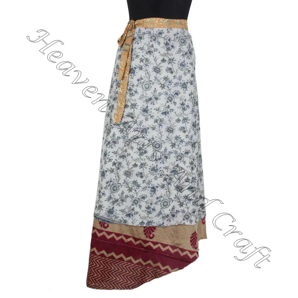 Yeni hint Vintage ipek Sari renkli saran etek kadın Vintage ipek Sari uzun uzunluk giymek bele sarılan etek 2 katmanlı uzunluk
