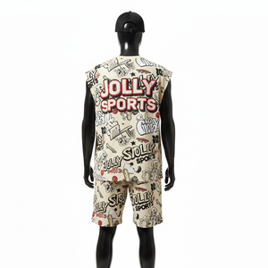 <b>Womens</b> sleeveless <b>tshirt</b> and shorts set premium cotton jersey 180 gsm beige <b>black</b> red all over print 100% Cotton <b>Women's</b> Sets - Product Image 2